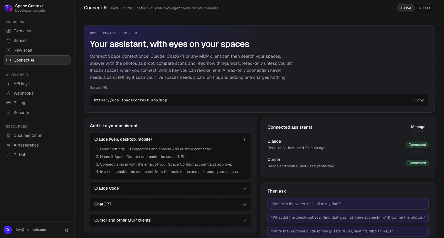 Connect AI in the console: the server URL to copy, the steps for Claude, Claude Code, ChatGPT and Cursor, the assistants already connected, and questions to ask