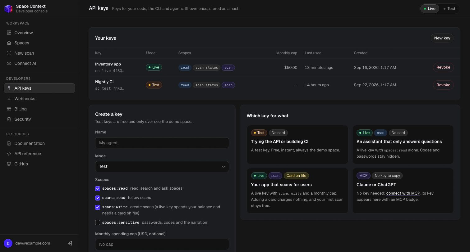 Creating a key in the console: name, Test or Live mode, the four scopes, an optional monthly spending cap